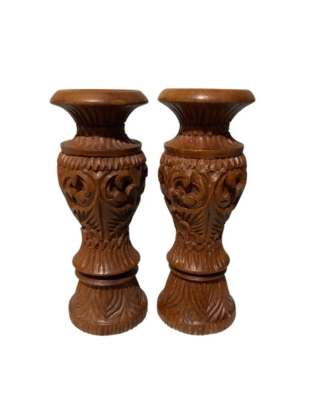 Vintage Hand-Carved Teak Wood Candle Holders